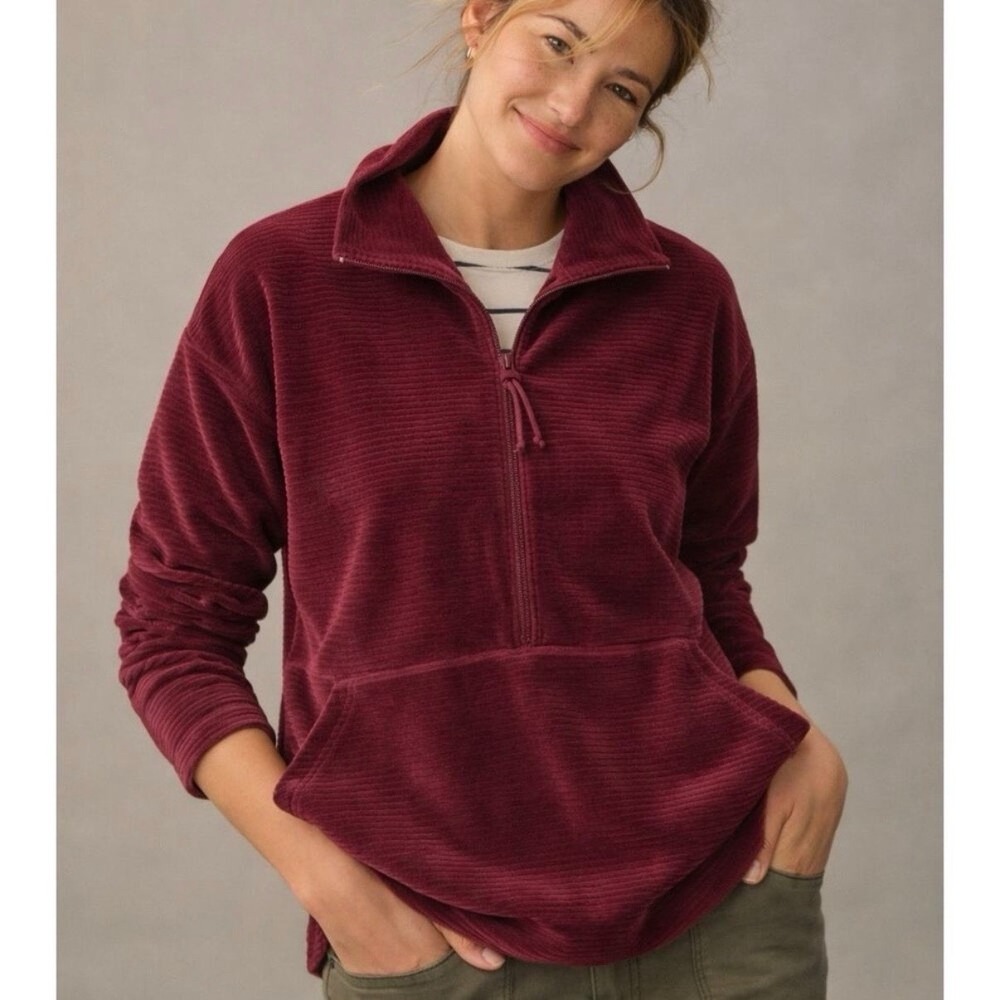 LL Bean Burgundy Soft Stretch 1/2 Zip Corduroy Pullover Pockets Size LARGE